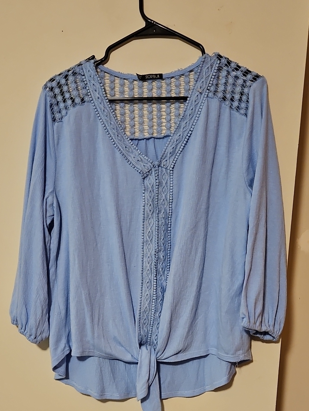 Light Blue Crochet Yoke Tie-Front Blouse -